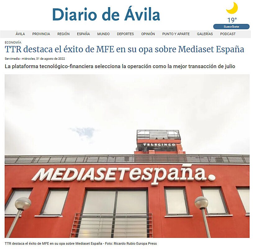 TTR destaca el xito de MFE en su opa sobre Mediaset Espaa